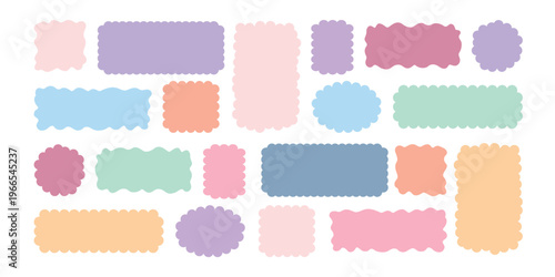 Pastel label shapes set isolated on white background. Cute wavy rounded rectangles and badge frames in soft pink, lavender, peach, mint, baby blue and gray colors. Flat vector templates 