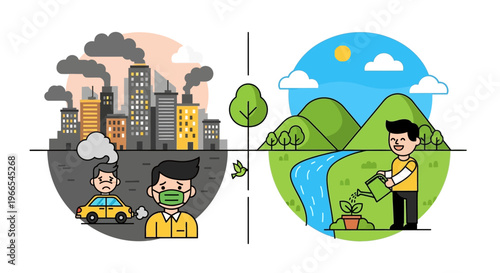 Illustration depicting the contrast between urban pollution and environmental protection and conservation efforts
