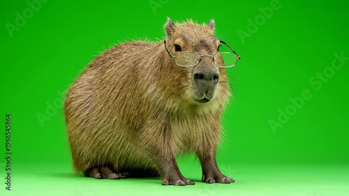 A Capybara Wearing Glasses on a Green Screen Background.