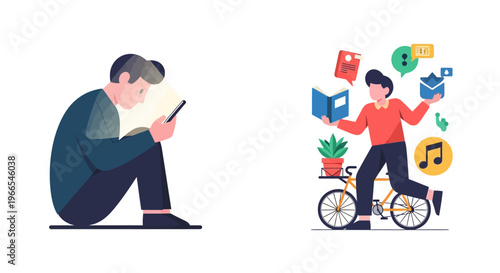 Creative illustration of a person reading on a phone and another person on a bike enjoying various hobbies