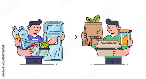 Eco-Friendly Transition Man swapping plastic disposables for sustainable, reusable, and compostable alternatives, promoting a greener lifestyle