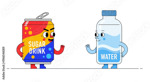 Making a Healthy Choice A Vivid Cartoon Comparison Between a Sugary Soda and Refreshing Pure Water for Better Well-being