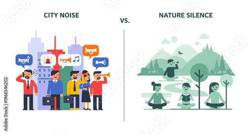 Embracing Peace A Visual Comparison of the Stressful Hustle and Bustle of City Noise Against the Serene Calm of Nature's Silence