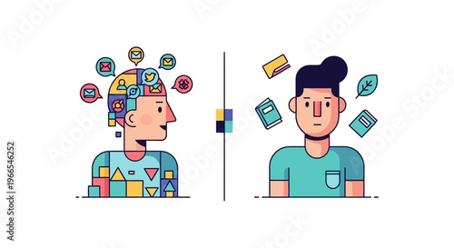 Conceptual illustration depicting the journey of human thought, mental development, and the acquisition of diverse knowledge