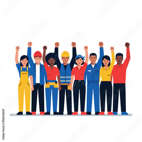 Diverse group of workers raising fists in solidarity and protest.