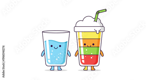 Cute cartoon characters of a glass of water and a layered colorful beverage with straws