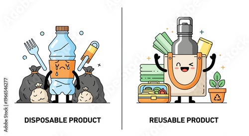 Illustrative comparison of environmental impact sad disposable waste versus happy reusable sustainable choices for a greener future