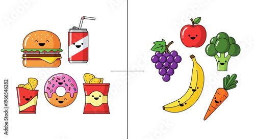 Healthy Food Choices vs Unhealthy Junk Food Icons Isolated on White Background