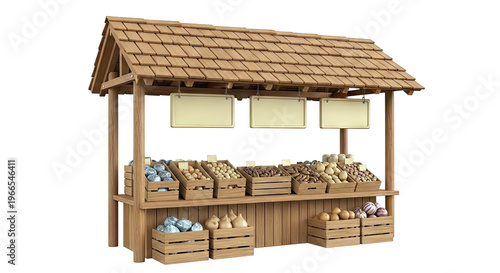 Wooden Market Stall Displaying Root Vegetables and Produce