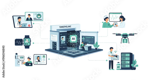 Innovative healthcare clinic utilizing AI, telemedicine, wearables, and drones for advanced patient care and data management.