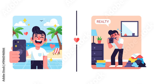 Depicting Modern Work-Life Balance Enjoying Vacation Selfies Versus Professional Real Estate Photography