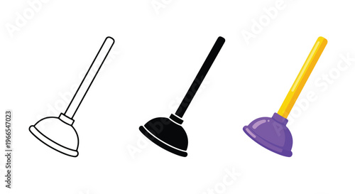 Three different styles of plungers shown in outline, solid black, and colorful versions for plumbing tasks