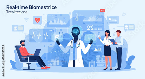Real-time Biometrics and Advanced Medical Technology in a Futuristic Healthcare Setting.