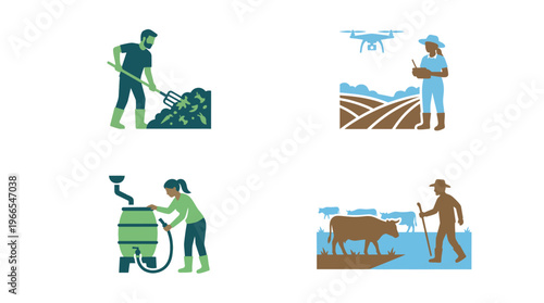Icons show regenerative agriculture practices, minimalist style