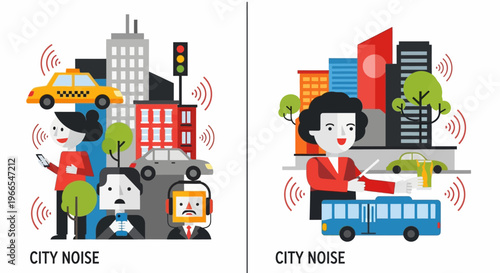 City noise pollution illustration depicting sound waves and everyday urban life scenarios