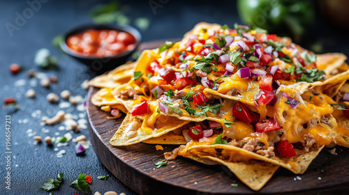 Colorful nachos platter with toppings in vibrant presentation