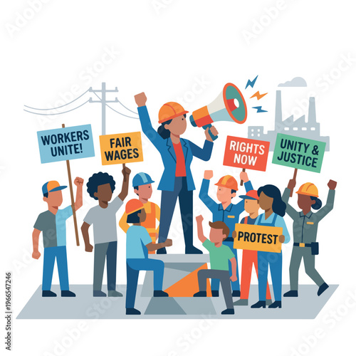 Diverse group of workers protesting for fair wages and rights.