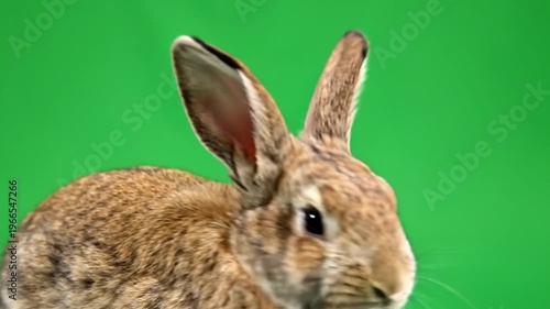 A close-up profile view of a small, furry mammal with long ears and dark eyes, set against a vibrant green background