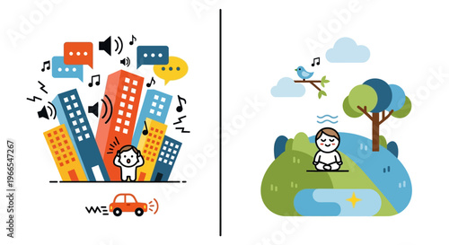 Visualizing environmental impact The contrasting effects of bustling city noise and serene natural peace on human stress and relaxation