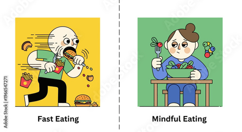 Illustrating the contrast between rapid, unhealthy eating habits and the serene practice of mindful nutrition for better well-being