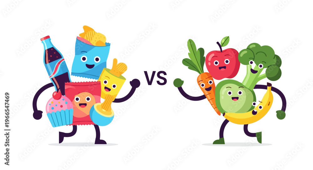 Fototapeta premium Comparing Junk Food and Healthy Food Options with Cartoon Characters