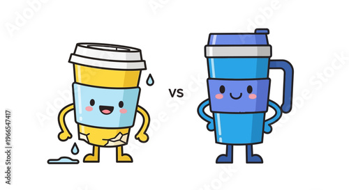 Sustainable Choice Happy Reusable Travel Mug Compared to Leaking Disposable Coffee Cup Icon Illustration