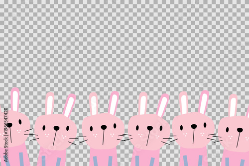 Frame of cute Easter bunnies. Pink bunnies in row. Traditional family holiday of Easter. Funny animals. Cartoon vector design. Isolated on  checkerboard background.