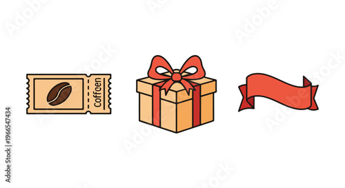 Flat lay of a coffee coupon, gift box with red ribbon, and red banner on a white background.