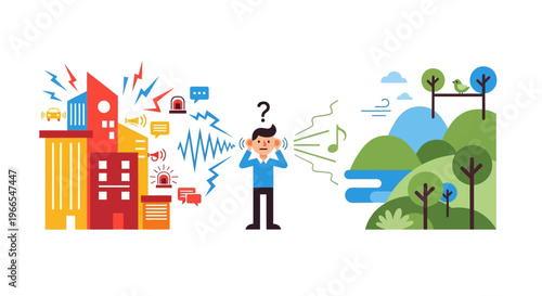 Comparing the cacophony of city noise with the tranquility of nature, a person is caught between two contrasting environments