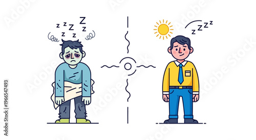 Visual illustration contrasting the impact of sleep deprivation on an exhausted individual with the refreshed energy of a well-rested professional