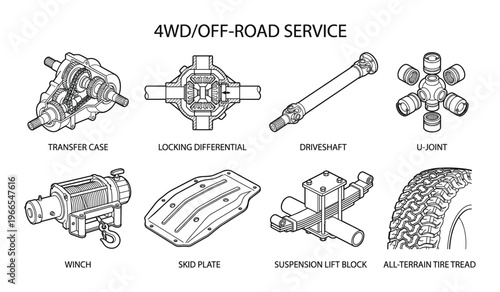 4wd off-road service parts collection outline drawings vector illustration transfer case