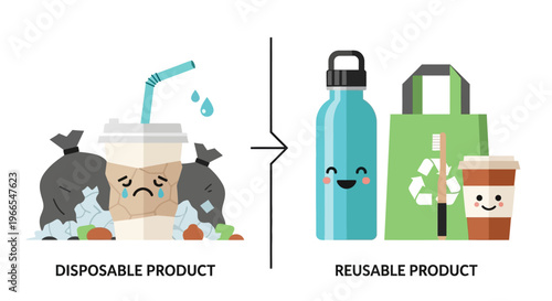 A clear illustration contrasting the negative environmental impact of disposable products with the positive benefits of sustainable reusable alternatives for a healthier planet