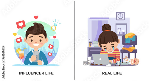 Comparing the curated perfection of online influencer lives with the genuine, often chaotic everyday struggles of real life offline