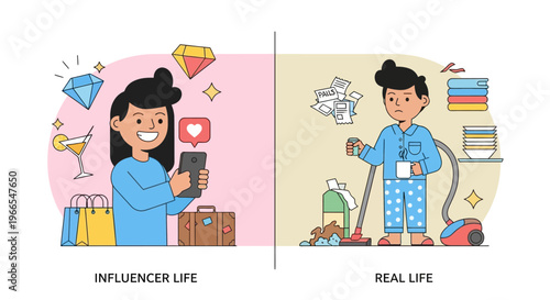 Unveiling the dichotomy glamorized online influencer lifestyle versus the messy, relatable realities of daily existence
