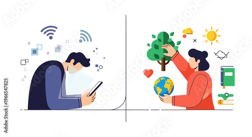 Technology vs Nature The contrast between digital life and eco-consciousness through a divided illustration