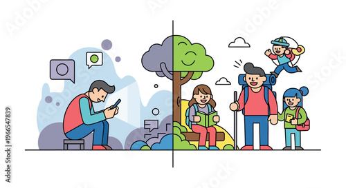 Balancing modern life A conceptual illustration contrasting a digital world immersed in screen time with vibrant outdoor adventures in nature