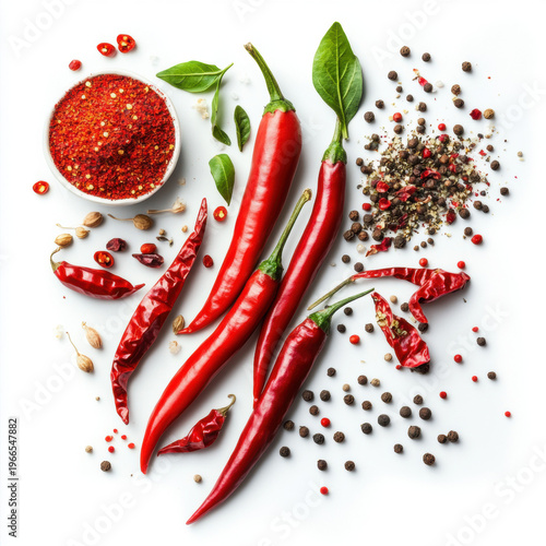 A closeup of fresh red hot chili peppers isolated on a white background showing spicy organic vegetables used in cooking
