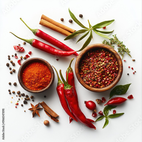 Spices and herbs with chili pepper garlic and paprika in a wooden bowl on a white background