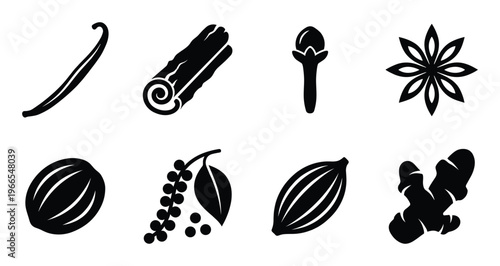 Assortment of spice icons including vanilla, cinnamon, cloves, star anise, nutmeg, pepper, cardamom and ginger