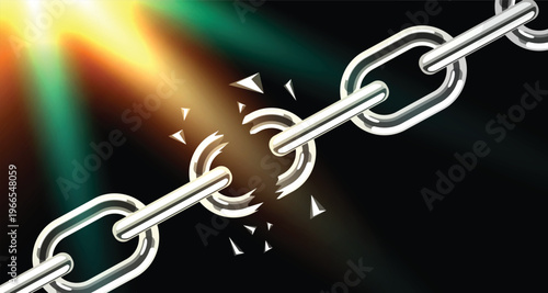 Broken Chain Vector Background with Light Burst Effect, Metal Link Explosion Symbol of Freedom Strength and Power, Abstract Business Breakthrough Concept Illustration