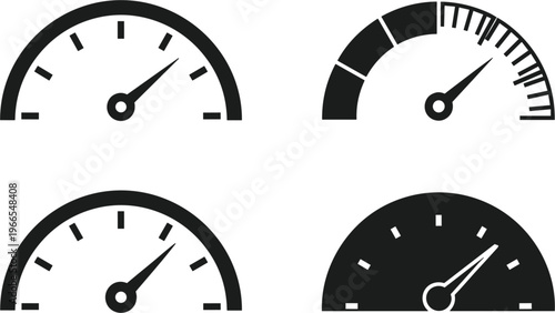 Set of black speedometer and performance gauge vector icons for automotive dashboards, internet speed testing, progress tracking, and industrial measurement UI design.