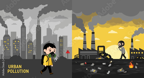 Urban pollution vs industrial pollution, impact on environment and human health concept