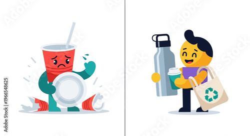 Sad disposable cup and plate versus happy person with reusable bottle and tote bag