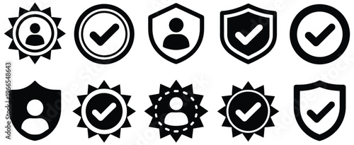 Verified vector icon set of professional badge designs, showcasing checkmark symbols, approval indicators, secure certification graphics, and essential elements
