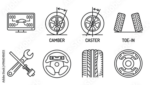 Automotive wheel alignment thin line icons showing camber caster and toe geometry for vehicle repair