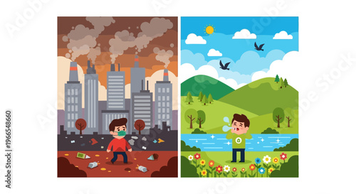 Global Environmental Contrast Visualizing a Polluted City with Unhealthy Air Versus a Serene Green Landscape