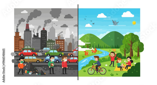 Stark contrast between heavily polluted urban landscape and serene, clean natural environment; depicting environmental impact and healthy living