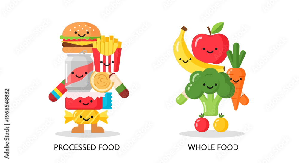 Naklejka premium Navigating dietary options A vivid visual comparison of natural whole foods versus processed unhealthy snacks, promoting balanced and mindful eating