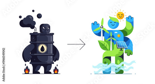 Illustrative Concept Transitioning from Polluting Fossil Fuels to a Sustainable, Eco-Friendly Renewable Energy Future