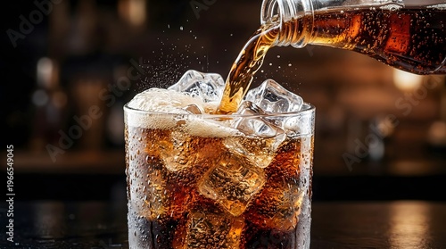 Pouring Dark Soda into Glass with Ice Cubes and Carbonation